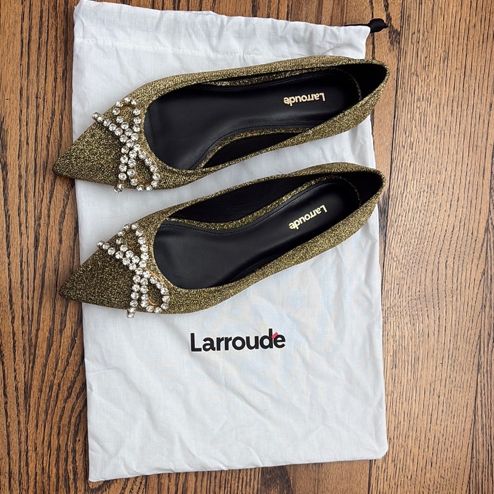 Larroudé Lee Crystal Embellished Lurex Flats in Gold/ Size 8